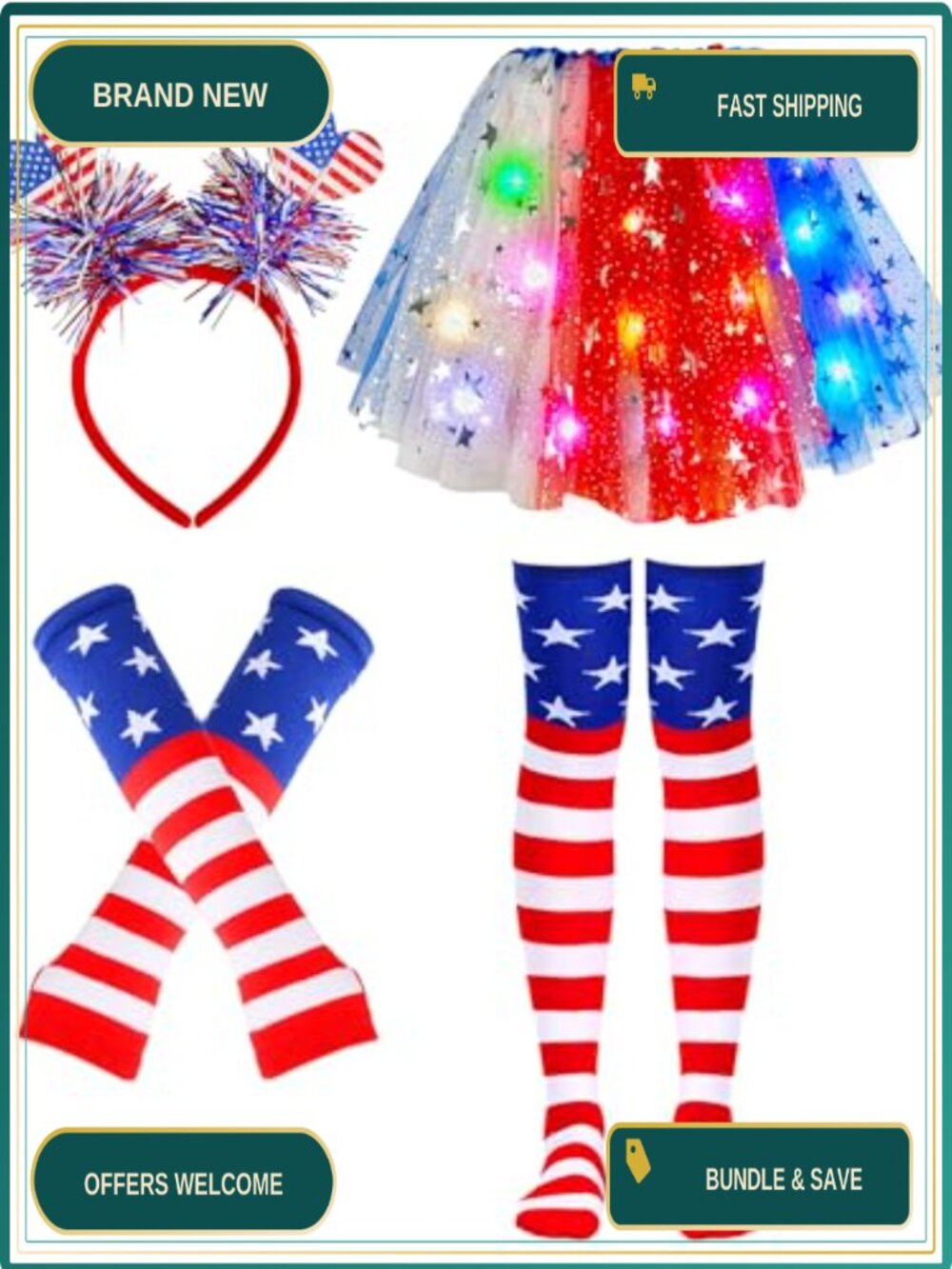Patriotic Tutu Set 4Pc Light Up Stars Skirt Headband Cuffs Socks Costume